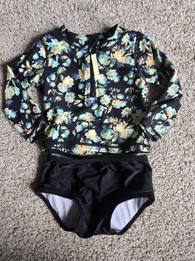 Ruffle ButtsFloral Long-Sleeve Rash Guard Set - Black with Yellow & Teal Flowers